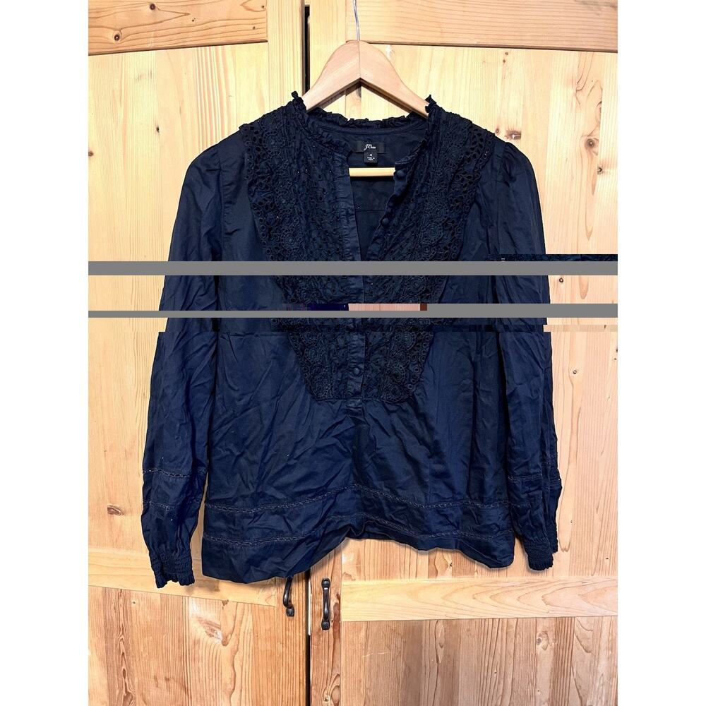 J.Crew Women Ruffle Neck Eyelet Top 4 Long Sleeve Black Button V-Neck Cotton